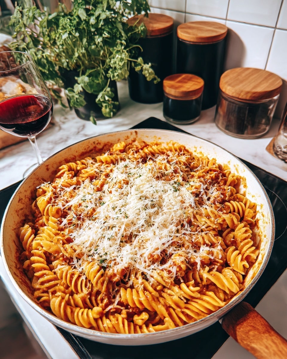 A round, white pan filled with spiral pasta cooked in a light brown sauce, with a thick layer of finely grated white cheese covering the top center of the pasta. The pan sits on a black stovetop, with a wooden spoon partially visible on the right side. In the background, there is a glass of red wine, some green leafy plants, and black containers with wooden lids, all set against a white marbled surface and white tiled wall. photo taken with an iphone --ar 4:5 --v 7