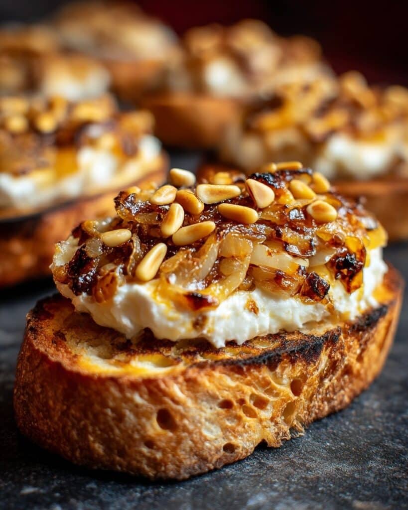 Goat Cheese, Caramelized Onion, and Pine Nut Toasts Recipe