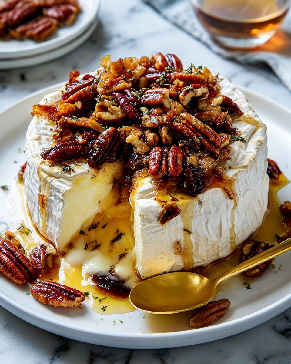 The dish shows a round wheel of soft white cheese with a slightly wrinkled rind on a white plate. The cheese layer is creamy pale yellow inside, with the top surface covered by golden-brown caramelized onions mixed with dark brown pecans scattered unevenly. Some melted cheese oozes out beneath. A gold spoon rests on the edge of the plate, all set against a white marbled surface photo taken with an iphone --ar 4:5 --v 7