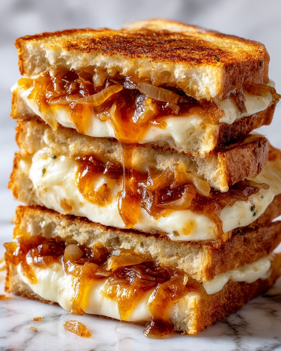 A close-up view of a grilled sandwich cut into three stacked layers, each showing golden-brown toasted bread with a crisp texture. Between each bread layer is a thick, creamy white cheese layer that looks soft and smooth. On top of the cheese sits a shiny, amber-colored caramelized onion layer, glistening and slightly dripping down the sides, adding a sticky, textured contrast against the melted cheese. The sandwich is placed on a white marbled surface with natural light that enhances the warm colors and textures. photo taken with an iphone --ar 4:5 --v 7