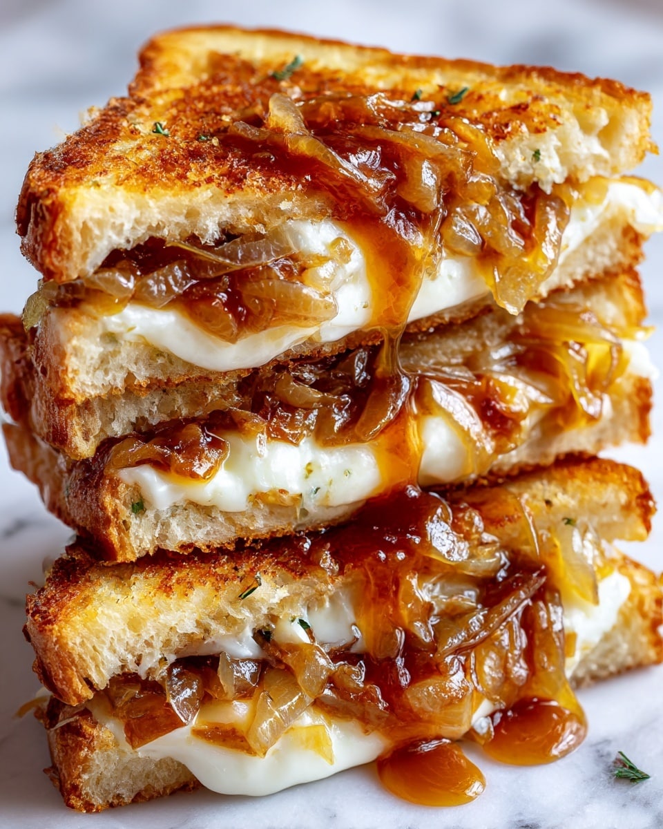 The image shows a close-up of a three-layer grilled cheese sandwich stacked on a white marbled surface. Each layer has golden brown toasted bread with a crispy texture, filled with melted white cheese that is soft and oozing slightly. On top of the cheese layers, there is a thick spread of caramelized onions, rich amber in color and glossy, dripping slightly down the sides of the sandwich. The sandwich pieces are stacked unevenly, showing the thick layers of both cheese and caramelized onions between the crispy bread slices photo taken with an iphone --ar 4:5 --v 7