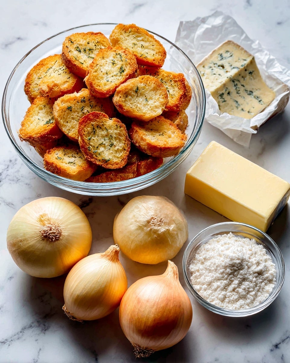 The image shows cooking ingredients arranged on a white marbled surface. At the top left, there is a clear glass bowl filled with multiple slices of golden-brown garlic crostini, showing their crispy texture and herb seasoning. To the right of the bowl, there is a wedge of brie cheese wrapped in white paper with a blue label. Below the bowl, two whole yellow onions with smooth skin are placed side by side. Next to the onions, there is a rectangular block of pale yellow butter, partially wrapped in paper. To the right of the butter, a small clear glass bowl contains a heap of white flour. The ingredients are spaced evenly and clearly visible in natural light. Photo taken with an iphone --ar 4:5 --v 7