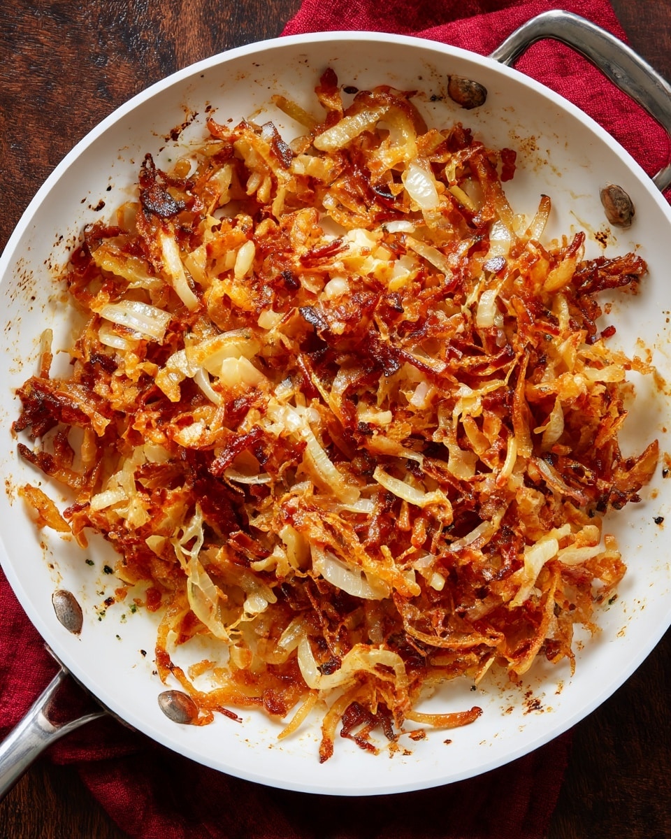 In a white frying pan with a metal handle, there is a single layer of golden-brown, crispy fried onions spread unevenly across the surface. The onions have a mix of light and dark brown shades, showing some parts more cooked and caramelized with slight charred edges, giving a textured look. The pan sits on a dark wooden surface with a red fabric partially underneath it. The shot is taken from above, focusing clearly on the crispy onions and the pan's interior, showing some scattered black bits and oil spots on the pan's white texture photo taken with an iphone --ar 4:5 --v 7