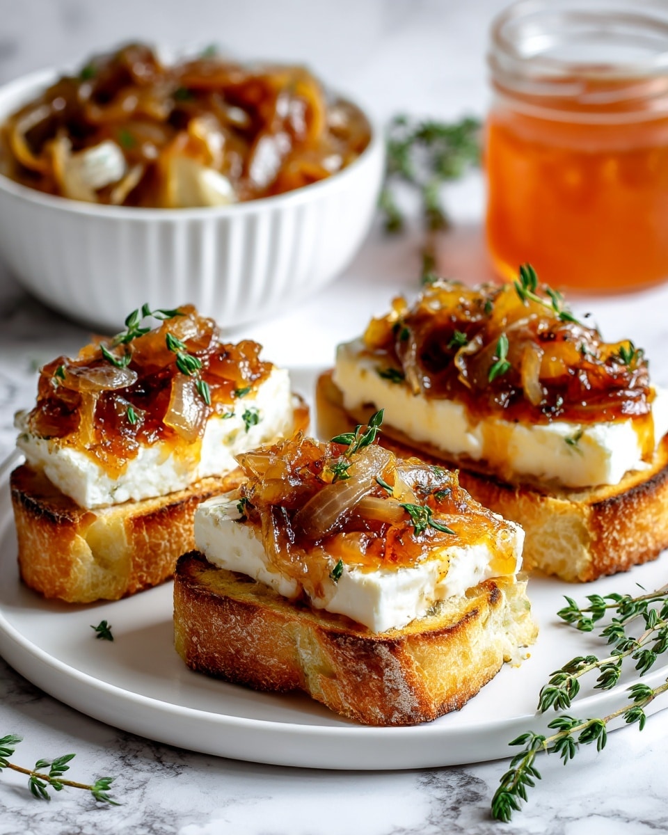 The image shows three pieces of toast arranged on a white round plate placed on a white marbled surface. Each toast slice has three visible layers: the bottom layer is golden toasted bread with a slightly crispy texture and browned edges, the middle layer is a thick slice of creamy white cheese, and the top layer consists of golden caramelized onions with a soft, shiny texture, garnished with small green sprigs of thyme. In the background, there is a white bowl with more caramelized onions, slightly out of focus. A glass jar with an orange liquid is partly visible on the top right corner. A small sprig of thyme lies beside the plate on the surface. Photo taken with an iphone --ar 4:5 --v 7