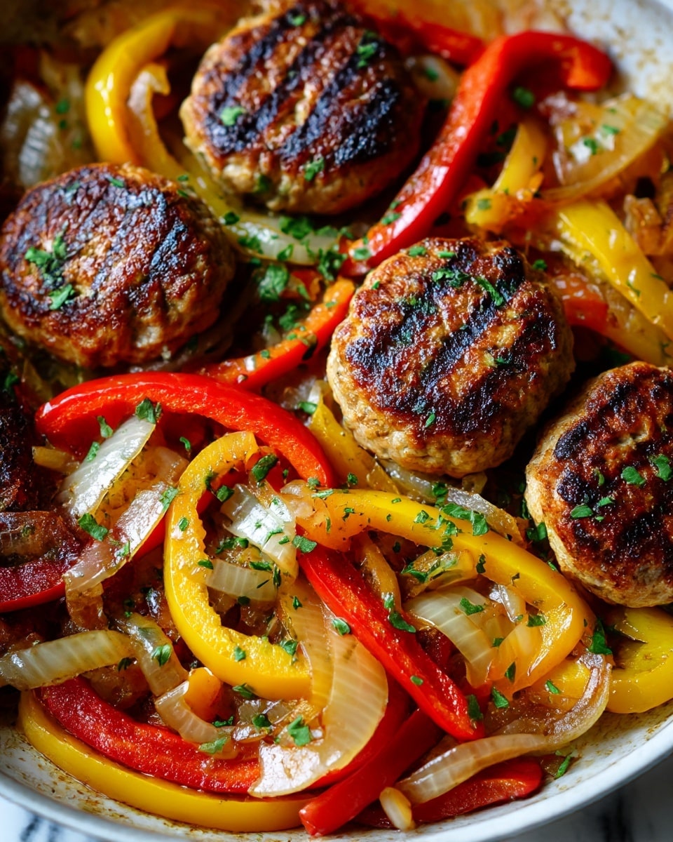 A large white plate sits on a white marbled surface, filled with two main layers: the bottom layer is light brown cooked rice with a soft, grainy texture covering half the plate; the top layer consists of several pieces of browned sausage mixed with strips of sautéed bell peppers in green, red, and yellow colors, giving a mix of bright and warm tones. Small white crumbles of cheese are scattered over the sausage and peppers, adding a light contrast. A silver spoon rests on the edge of the plate, partially over the rice, and a green cup with a rough texture is placed nearby. The lighting highlights the glossy and warmly toasted surfaces of the food. Photo taken with an iphone --ar 4:5 --v 7