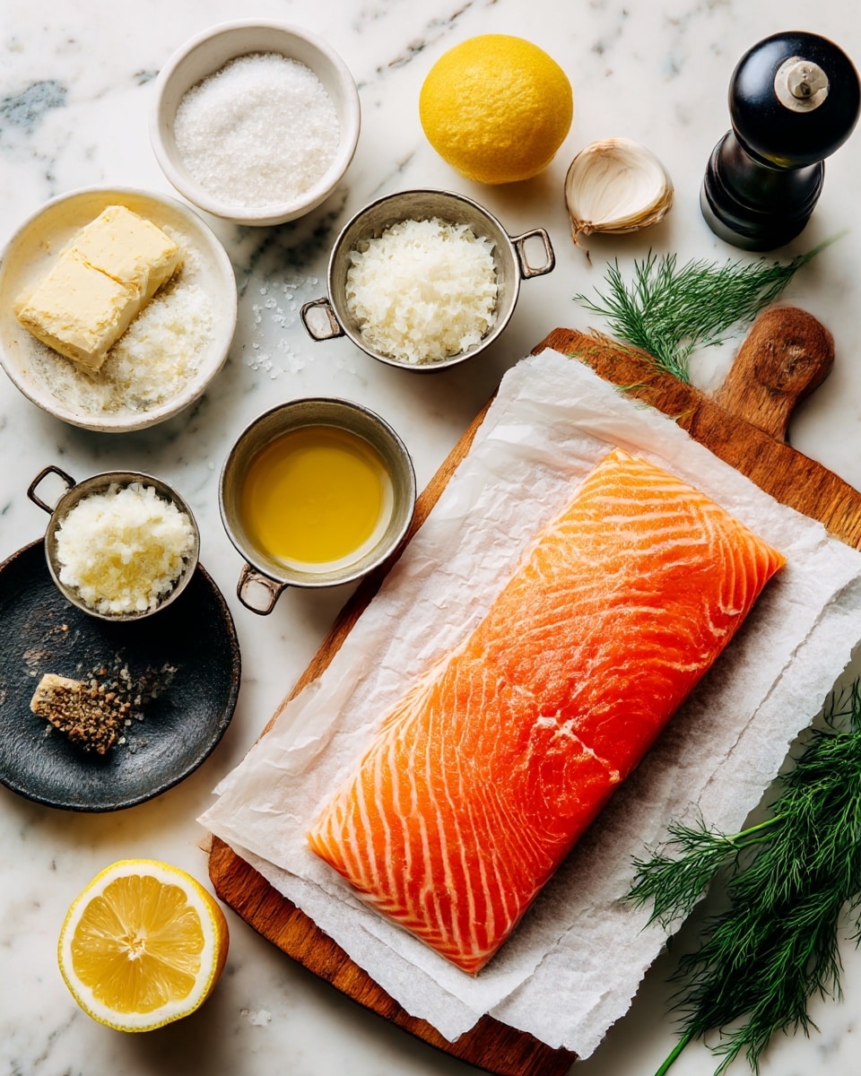 A fresh salmon fillet with a bright orange-pink color and fine white lines is placed on two paper towels over a wooden board. Surrounding the salmon are small metal measuring cups filled with white breadcrumbs, chopped white onions, and a scoop of light yellow mustard. Nearby, there is a white small bowl of coarse salt, a dark round dish holding a slice of garlic, a black pepper grinder, a halved lemon with its light yellow flesh exposed, a small metal cup with golden olive oil, a white bowl filled with creamy white cheese, and a few sprigs of bright green dill. All items are arranged on a white marbled surface. photo taken with an iphone --ar 4:5 --v 7