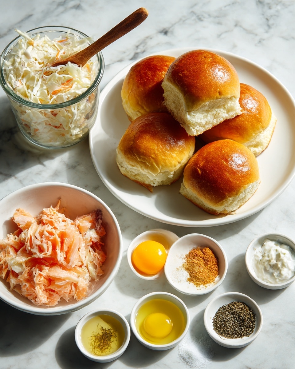 A white round plate with four soft golden burger buns sits on the top right corner of a white marbled surface. To the left, there is a glass container filled with coleslaw made of shredded white cabbage and bits of carrot, with a wooden spoon inside. Below the plate, a white bowl holds light pink canned salmon flakes. Small white bowls with different ingredients surround the main items: one bowl contains a mixed white and yellow raw egg, another has light brown panko crumbs, one has yellow lemon juice with some foam, and another holds thick white Greek yogurt. There are also tiny white bowls with green dill, pale yellow olive oil, smooth beige Dijon mustard, and small piles of white salt, light brown garlic powder, onion powder, and black pepper. The whole setup is neat and well spaced on the white marbled background, with bright natural light. Photo taken with an iphone --ar 4:5 --v 7
