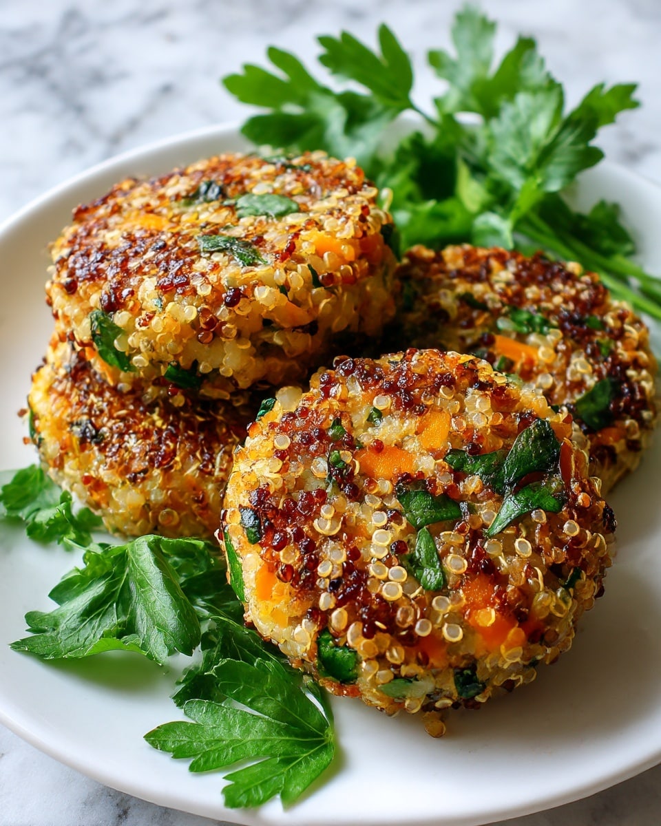Three round quinoa patties are placed on a white plate, each patty showing a mix of small, cooked quinoa grains with orange and green bits, likely carrots and herbs. The patties have a browned, slightly crispy surface with scattered green pieces of leafy herbs, and the texture looks crunchy but soft inside. Behind the patties, there are fresh green parsley leaves adding a pop of color. The plate sits on a white marbled surface. photo taken with an iphone --ar 4:5 --v 7