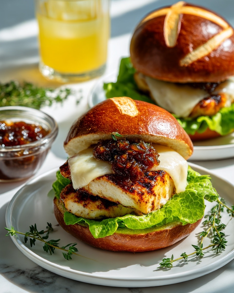 The image shows two grilled chicken sandwiches on white plates set on a white marbled surface. Each sandwich has a soft pretzel bun with a shiny, brown crust and a light cross mark on top. The bottom bun holds fresh green lettuce leaves, on top of which sits a thick, grilled chicken patty with visible grill marks. The patty is topped with melted white cheese that slightly drips down the sides and a dollop of chunky, dark brown onion jam garnished with small fresh green thyme sprigs. In the background, a glass of yellow drink and a small clear glass bowl with more onion jam are softly blurred. The lighting is bright and natural, highlighting the textures and colors of the sandwich layers photo taken with an iphone --ar 4:5 --v 7