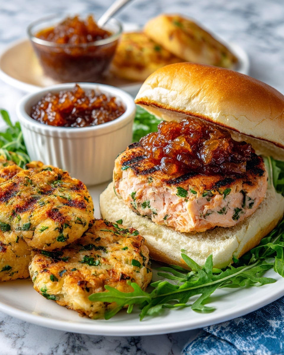 A close-up view of a sandwich on a white plate with a white marbled surface in the background. The sandwich has four main layers visible: the top soft, shiny golden brown bun with a smooth texture; below it, a thick, crispy grilled salmon patty, orange with light brown char marks and fresh green dill on top; a drizzle of white creamy sauce with small green herb bits spread across the salmon; and the bottom layer of fresh, dark green leafy lettuce. Photo taken with an iphone --ar 4:5 --v 7