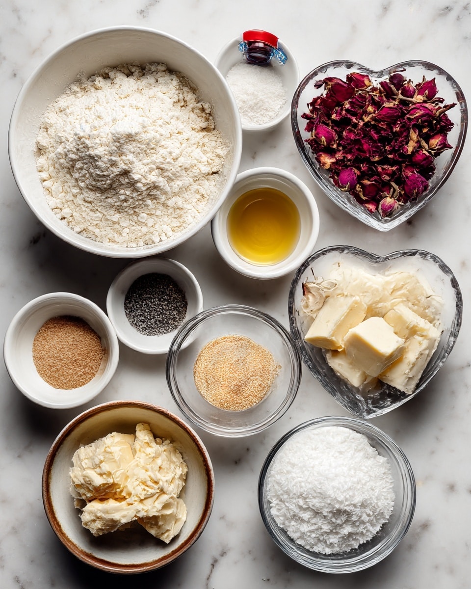 The image shows a neatly arranged flat lay of two groups of baking ingredients on a white marbled surface. On the left, there is a large white bowl filled with pale pastry flour, a smaller white bowl with white baking powder and baking soda, a small white bowl with fine cardamom and salt, a clear bowl with golden olive oil, a small brown-rimmed white bowl of dark vanilla extract, a round clear bowl packed with light brown sugar, and a small glass of light oat or almond milk. On the right, there is a small brown-rimmed white bowl with dark vanilla extract, a clear bowl holding soft pale vegan butter slices, another clear bowl with white vegan shortening, a transparent heart-shaped dish filled with dried rose petals in shades of red and pink, a clear bottle of rose water with a red cap and blue label, and a large white bowl filled with bright white powdered sugar, all placed on the same white marbled surface. The layout is clean and organized, emphasizing the soft and light colors of the ingredients. Photo taken with an iphone --ar 4:5 --v 7