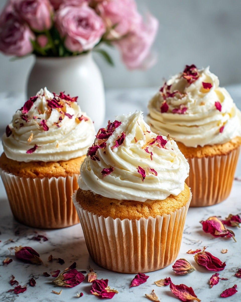 Three light brown cupcakes are arranged in a triangle on a white marbled surface. Each cupcake is topped with a generous swirl of white cream frosting that has a soft, smooth texture. Scattered on the frosting and around the cupcakes are small dried pink and red flower petals, adding color contrast. In the background, slightly blurred, is a white vase holding pink flowers, giving a soft and delicate feel to the image. The lighting is bright and natural, highlighting the cupcakes without harsh shadows. Photo taken with an iphone --ar 4:5 --v 7