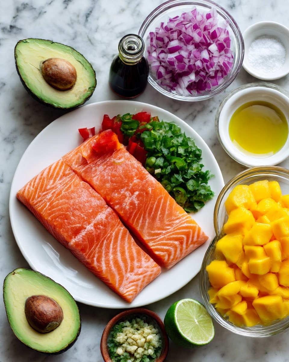 Two raw salmon fillets with orange and white lines lie side by side on a white plate in the center. Around the plate, several small glass bowls hold finely chopped bright red bell pepper, green jalapeno, and fresh cilantro. A bowl with finely diced purple onion is near the top right, along with a small white bowl of olive oil colored golden yellow. A small black bowl holds white salt, and a small clear bottle of dark brown soy sauce sits nearby. A halved green lime with light green inside is placed to the lower right of the plate. Below left, there is a halved avocado showing its green outside and yellow-green flesh, with a large brown pit in one half. Minced pale yellow garlic sits in a small brown bowl near the bottom. A glass bowl filled with bright yellow diced mango is at the lower right corner. All items sit on a white marbled surface. Photo taken with an iphone --ar 4:5 --v 7