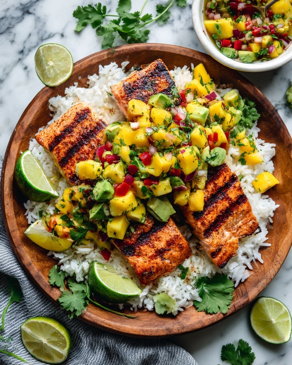 A round wooden plate sits on a white marbled surface with a gray striped cloth underneath, holding a vibrant dish arranged in three main layers. The bottom layer is white rice, fluffy and spread evenly around the plate’s edge. On top of the rice sit two grilled salmon fillets with visible dark char marks, giving a textured and striped look, placed center and slightly to the right. The top layer is a colorful chunky salsa made of yellow mango pieces, green avocado chunks, red bell pepper bits, and finely chopped red onion, scattered over and around the salmon, adding a fresh, textured, and colorful contrast. Around the plate, fresh lime wedges and leafy cilantro sprigs add extra green detail to the scene, with a small white bowl of similar salsa visible in the background. Photo taken with an iphone --ar 4:5 --v 7