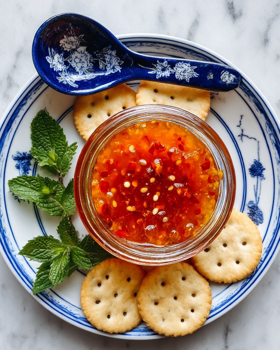 A top view of a clear glass jar filled with bright orange chili jam containing visible red chili pieces and white seeds, placed in the center of a white plate with blue rim design. Around the jar, there are round pale beige crackers with small holes scattered neatly, and fresh green mint leaves on the left side. A deep blue ceramic spoon with white floral patterns lies above the jar, all set on a white marbled surface photo taken with an iphone --ar 4:5 --v 7