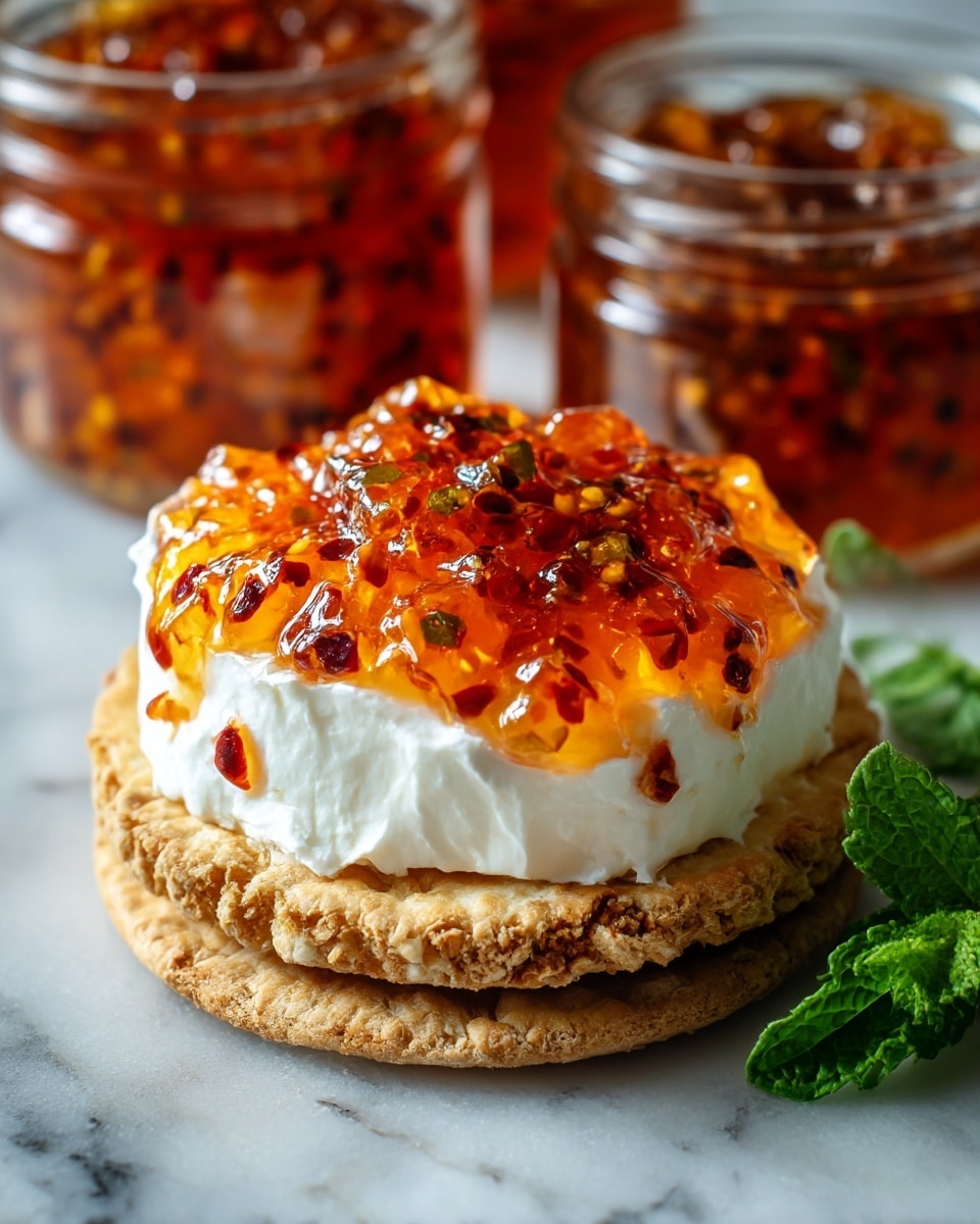The image shows a single round cracker with a rough textured edge, placed on a white marbled surface. On top of the cracker is a thick spreading of smooth white cream cheese, topped with a glossy layer of bright orange jelly that contains visible small pieces of red and green chili peppers, giving the jelly a speckled look. In the background, there are large glass jars filled with the same bright orange jelly with chili pieces. There is also a sprig of fresh green mint leaves beside the cracker for decoration. The lighting is soft and natural, highlighting the shiny texture of the jelly and the creamy texture of the cheese. photo taken with an iphone --ar 4:5 --v 7