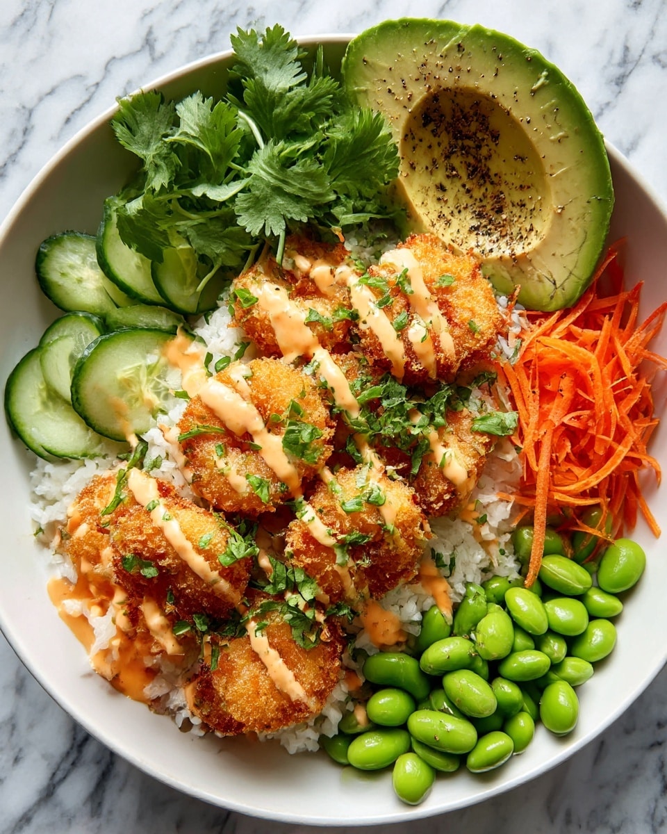A white bowl is filled with a visually balanced meal showing several layers. On the left side, there is a fluffy layer of white rice drizzled with an orange sauce and sprinkled with small green onion pieces. Next to it on the right, there is a fresh layer of green avocado chunks and thin orange carrot ribbons placed over a bed of purple shredded cabbage. On top of the cabbage and carrots, there is a layer of cooked shrimp coated in a shiny, orange sauce with sesame seeds sprinkled over them. The layers show a mix of soft and crunchy textures with bright, fresh colors in a neat arrangement. photo taken with an iphone --ar 4:5 --v 7