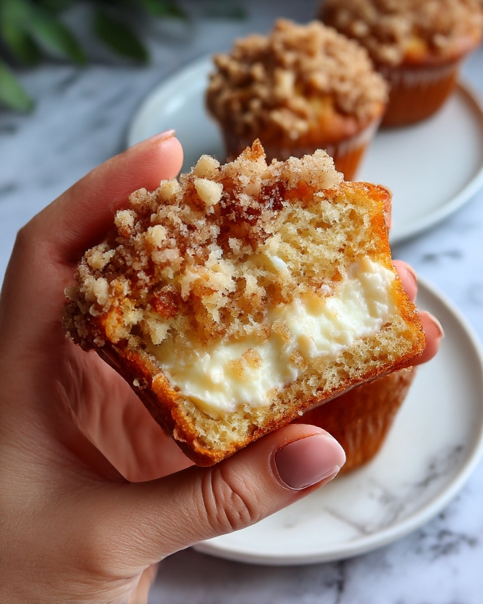 The image shows a close-up of a woman's hand holding half of a muffin that has a crumb topping and a creamy white filling inside. The muffin is golden brown with a soft texture and the crumb topping is light tan and crumbly. In the background, another whole muffin is on a white plate with a white marbled surface below. The lighting is soft and natural, making the muffin look fresh and delicious. Photo taken with an iphone --ar 4:5 --v 7