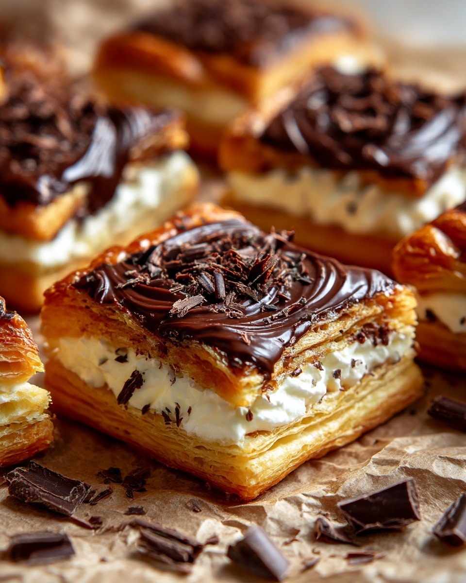 The image shows a close-up of several square-shaped pastries with golden brown, flaky layers. Each pastry has four corners folded inward, creating a raised edge around a center filled with smooth, dark chocolate sauce. On top of the sauce, there is a generous pile of small, dark chocolate chips, adding texture and richness. The pastries are arranged on brown parchment paper, which rests on a white marbled surface. The overall look is shiny and inviting, with the chocolate shiny and the pastry golden and crisp. photo taken with an iphone --ar 4:5 --v 7
