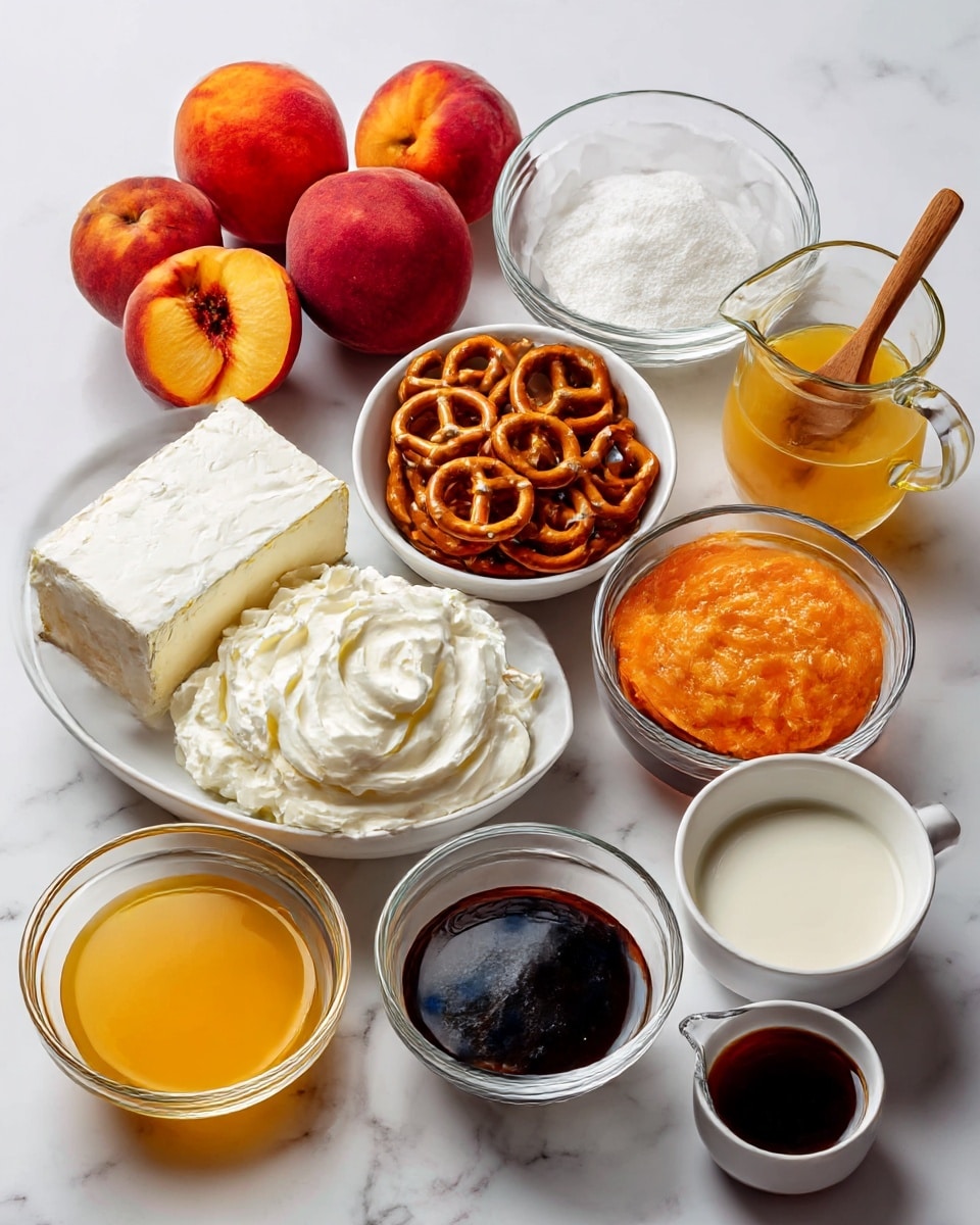 The image shows individual clear glass bowls and white bowls filled with various ingredients placed on a white marbled surface. Visible ingredients are whole fresh peaches with a smooth orange-red skin, 2 1/2 cups of small pretzels with a shiny, golden brown texture, a block of cream cheese wrapped in paper with white creamy color, 1 1/2 cups of sugar in a clear glass bowl with a wooden spoon, 12 oz of white cool whip in a large white bowl, 6 oz peach gelatin powder in a clear bowl with a peach tint, 3/4 cup melted butter in a small glass jug with a yellow liquid, 4 cups clear water in a large glass cup, and 2 tsp vanilla in a small white cup filled with dark brown liquid. The setup is neat and organized, showing each item clearly with their quantities labeled on top in black script font. photo taken with an iphone --ar 4:5 --v 7