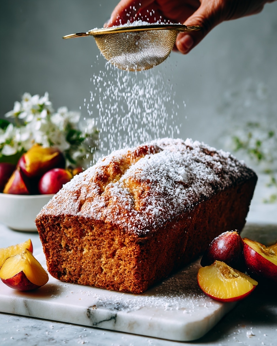 A white rectangular plate holds four slices of yellow cake with pieces of peach and red fruit inside. The cake has a crumbly topping dusted with white powdered sugar. The top layer is a thick crust with powdered sugar, followed by a soft, moist cake layer with bright fruit chunks scattered throughout. The plate is set on a white marbled surface with a few white flower petals nearby. Photo taken with an iphone --ar 4:5 --v 7