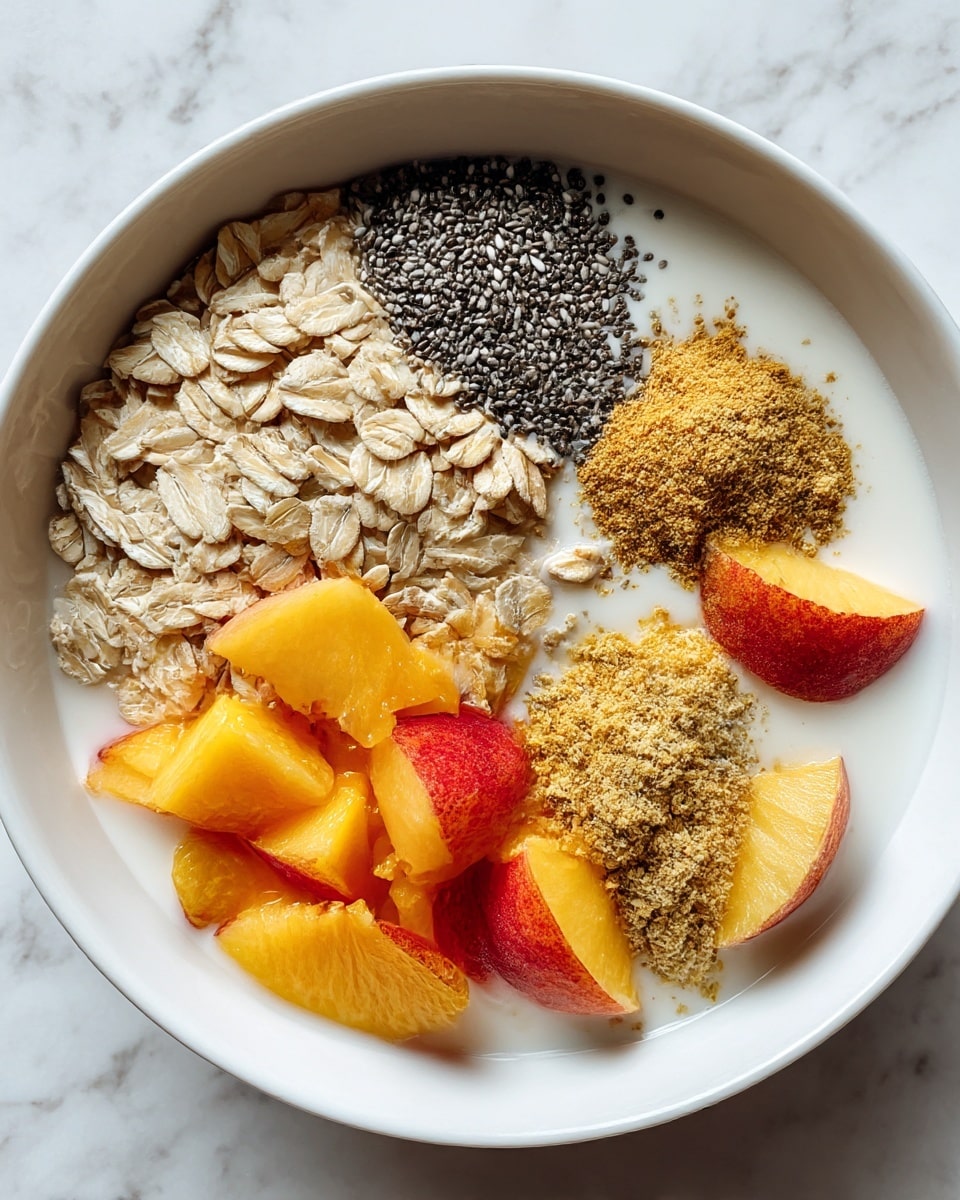 A white bowl placed on a white marbled surface holds several ingredients separated in sections. Starting from the left, pale beige rolled oats fill about a third of the bowl. Above the oats, there is a small pile of black and white chia seeds. To the right, there is a loose mound of golden brown ground cinnamon. Below the oats near the bottom edge, small pieces of fresh peach with orange and red skin add bright color. The rest of the bowl is filled with white almond milk, creating a smooth liquid background and some blending slightly with the ingredients. Photo taken with an iphone --ar 4:5 --v 7