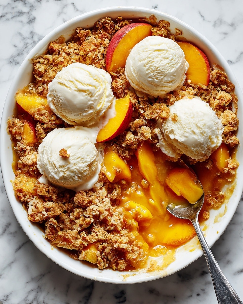 The image shows a white round pie dish filled with a golden brown crumble topping that looks crunchy and textured. Inside the dish under the crumble is a warm, bright yellow peach filling with chunks visible. On top of the crumble, there are three scoops of smooth white vanilla ice cream slowly melting and blending slightly into the warm crumble. A silver spoon is placed on the right side, scooping into the peach filling with some crumble on it. The dish is placed on a white marbled surface. Photo taken with an iphone --ar 4:5 --v 7