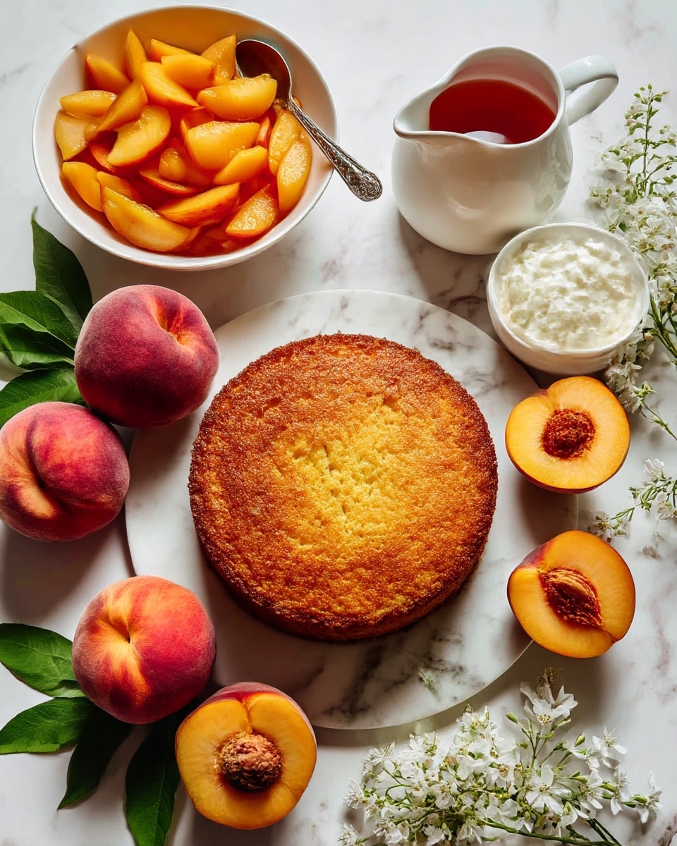 The image shows a single round cake layer with a golden brown top and spongy texture placed in the center on a white marble round board. Surrounding the cake layer are several ripe peaches, some whole and some cut in half showing the bright orange flesh and pits inside. To the top left, there is a white bowl filled with sliced peach pieces and a silver spoon resting inside. Near the top center, a small white pitcher holds a reddish-orange liquid, possibly syrup. On the top right, there is a white bowl with a fluffy cream and a spoon inside. The whole scene is arranged on a white marbled surface with a few scattered green leaves and white delicate flowers, adding fresh touches to the setup. Photo taken with an iphone --ar 4:5 --v 7