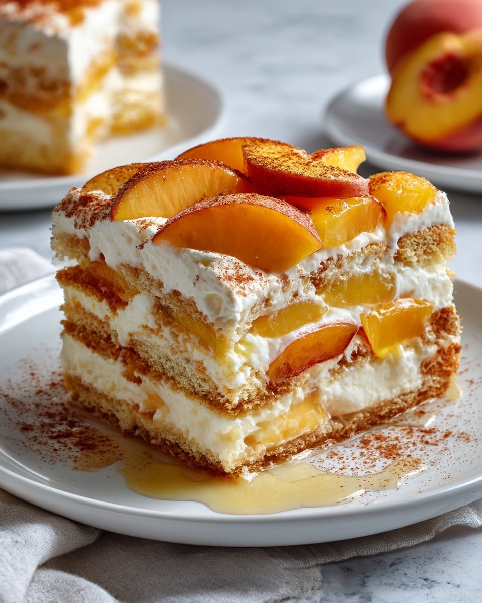 The image shows a close-up of a layered dessert served on a white plate, placed on a white marbled surface with a light cloth underneath. The dessert has four visible layers: the first layer is made of whole ladyfingers placed side by side, light brown and spongy in texture; the second layer is thick, smooth, and creamy with a pale off-white color, topped with slices of golden-orange peaches; the third layer repeats the ladyfingers, again light brown with visible texture; the fourth layer is another thick creamy layer with white to pale yellow color, topped with more peach slices arranged neatly, and sprinkled with cinnamon, adding a fine reddish-brown dusting on top. The dessert looks soft and juicy, with visible peach syrup slightly melting on the plate’s edge. Photo taken with an iphone --ar 4:5 --v 7