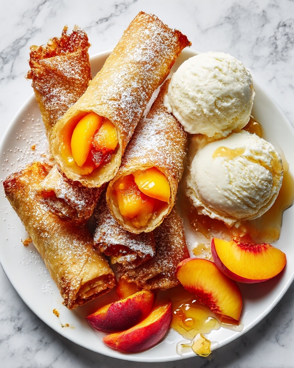 The image shows golden brown fried pastry rolls filled with bright orange peach slices, some pastries are whole while one is open at the top and the front to reveal the juicy peach inside. The texture of the rolls is crispy with a light dusting of powdered sugar on top. On the right side of the white plate, there are two scoops of creamy white vanilla ice cream placed closely beside the pastries. Fresh peach slices and a small drizzle of honey or syrup are scattered around the plate. The plate sits on a white marbled surface. Photo taken with an iphone --ar 4:5 --v 7