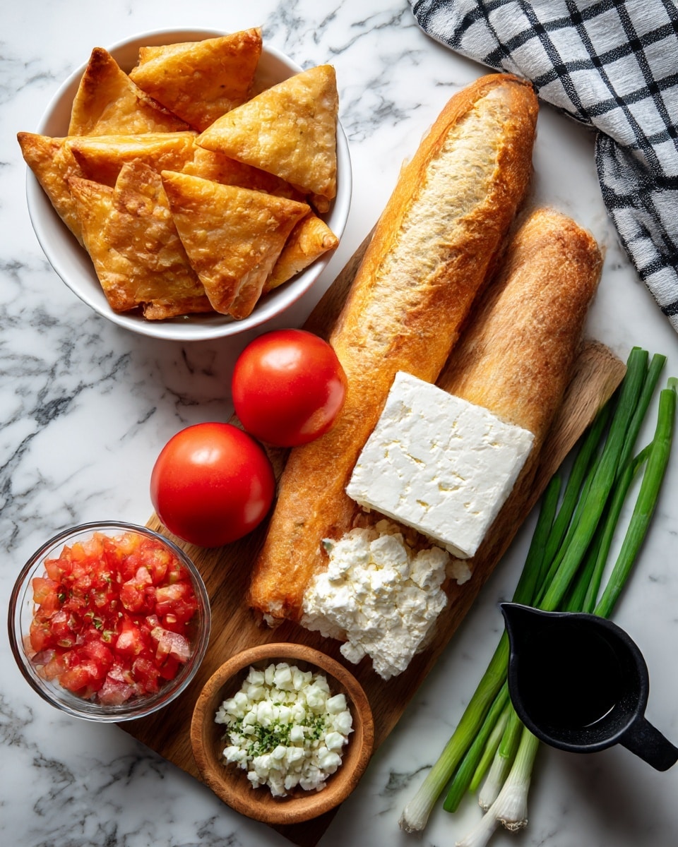 The image shows several ingredients neatly arranged on a wooden board placed on a white marbled surface. Starting from the top left, there is a white bowl filled with golden-brown triangular pita chips. Below it, on the marble surface, are two whole bright red tomatoes and a small clear bowl filled with small diced red tomatoes. To the right on the wooden board, a long sliced French baguette is placed vertically with its soft, light cream interior and golden crust. Next to the bread is a block of white feta cheese with some crumbled pieces scattered nearby. On the marble surface below the board, there is a small wooden bowl with finely ground green Greek herbs. To the right of that is a black measuring cup containing dark olive oil. Long green onions lay horizontally near the bottom edge, with some chopped green onion pieces placed beside them. A black and white checked cloth is partially visible at the top right corner. Photo taken with an iphone --ar 4:5 --v 7