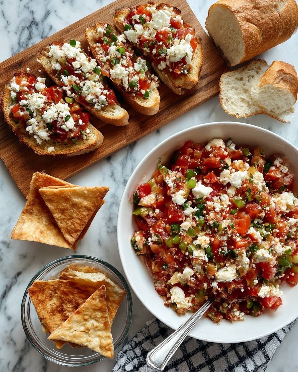 The image shows a white bowl full of a colorful mix of diced tomatoes, crumbled white cheese, and chopped green peppers, creating red, white, and green layers with a slightly moist texture. In the front, a silver spoon rests inside the bowl. Nearby, a small clear glass bowl contains some of the same mix, with two triangular toasted pita chips placed inside. Toward the back on a wooden board, there are four pieces of toasted white sliced bread topped with the mix, displaying a layered look with bright red, crumbled white, and green bits. To the right of the board, there is a small loaf of white bread with some slices. A white bowl with toasted pita chips is placed on a white marbled surface patterned with a black and white checked cloth underneath. photo taken with an iphone --ar 4:5 --v 7