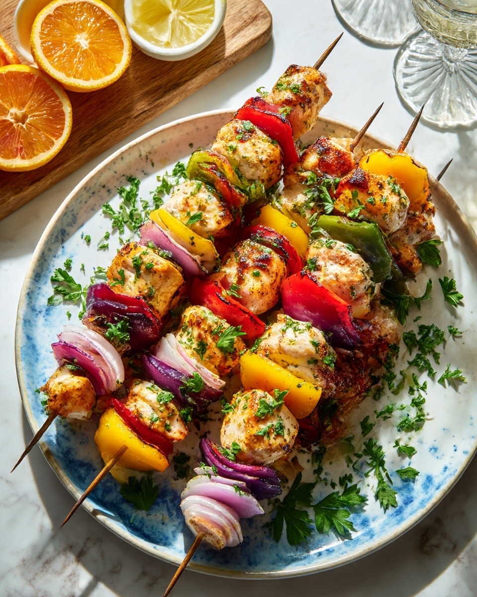 Four skewers of grilled chicken and vegetables rest on a round white plate with a blue speckled surface. Each skewer is layered with light golden grilled chicken pieces, bright yellow bell peppers, red bell peppers, and translucent white onion slices placed alternately. Green parsley leaves are scattered on and around the skewers for garnish. The plate sits on a white marbled surface with parts of an orange cut in halves on a wooden board at the top left, a white bowl holding a lemon slice nearby, and a blurred glass stemware to the top right. Bright natural light highlights the textures and fresh colors of the dish. Photo taken with an iphone --ar 4:5 --v 7