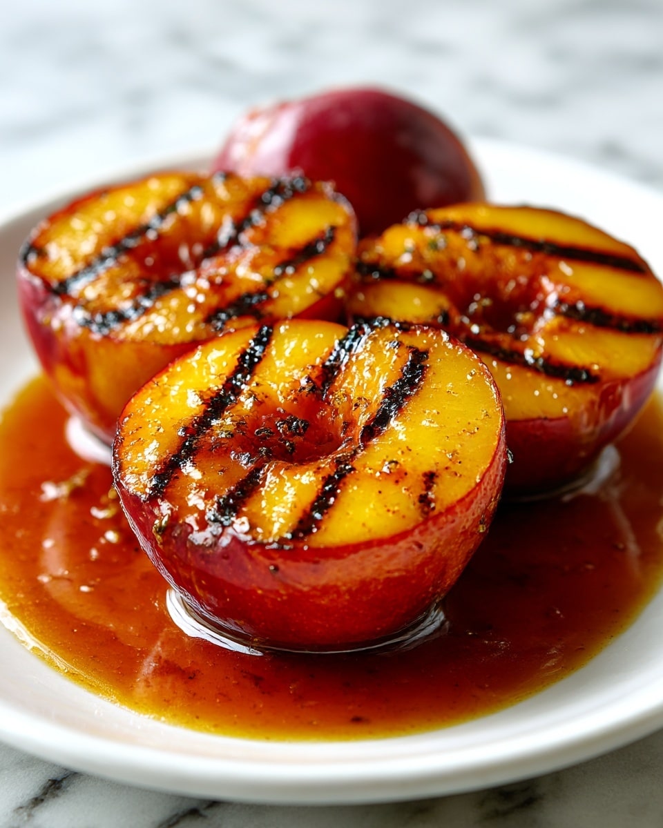 The image shows three grilled peach halves on a white plate, each peach half has a bright yellow-orange flesh with dark grill marks and slightly charred edges. The peaches sit in a pool of glossy, rich brown cinnamon honey sauce that spreads across the plate. The peach skins have a deep reddish-purple color with a slight wrinkled texture. The sauce has a smooth, shiny texture and partially covers the peaches, adding a warm, inviting color contrast. The background surface is a white marbled texture. photo taken with an iphone --ar 4:5 --v 7