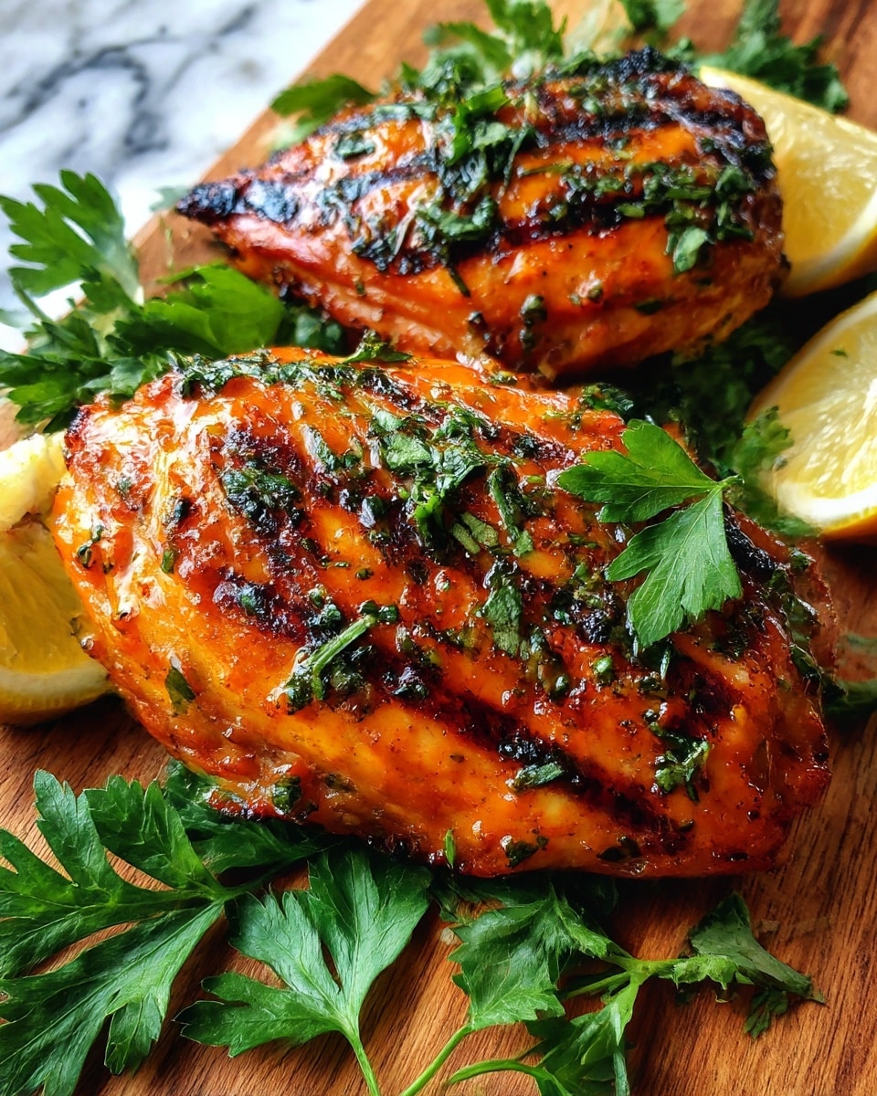 The image shows two grilled chicken pieces with a bright orange glaze, marked with dark grill lines, placed on a wooden surface with green parsley leaves and small lemon wedges surrounding them. The chicken has a shiny, slightly textured surface with some green herbs sprinkled on top. The background is a white marbled texture. Photo taken with an iphone --ar 4:5 --v 7