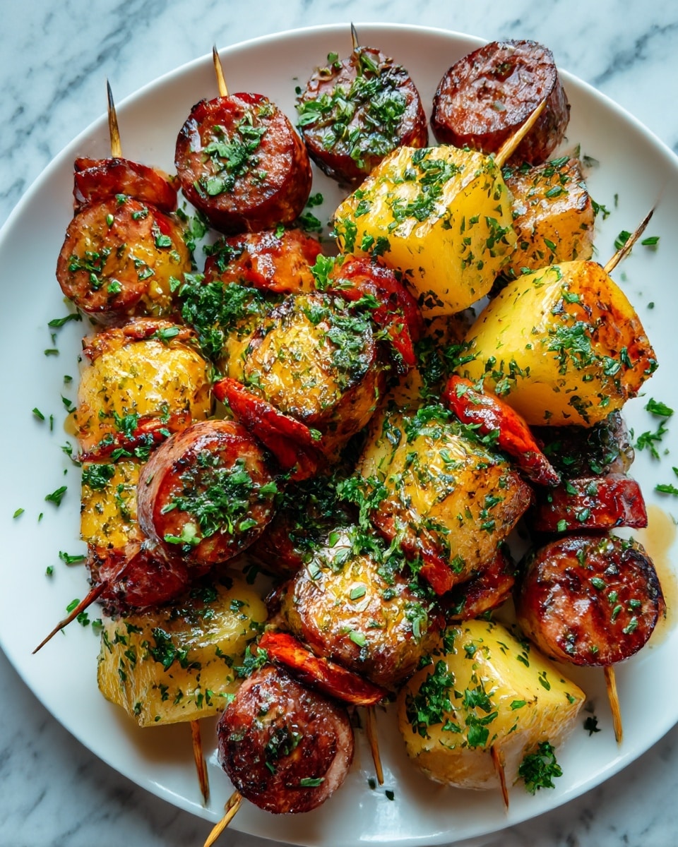 Four wooden skewers lie on a white plate with grill marks and seasoning. Each skewer holds three layers of golden yellow potato pieces with a slightly rough texture, alternating with three layers of browned grilled sausage pieces that have a reddish-brown, slightly charred surface. The skewers are sprinkled with finely chopped green herbs, adding a fresh touch. The plate sits on a white marbled surface, and some herbs are slightly scattered around the plate for decoration. photo taken with an iphone --ar 4:5 --v 7