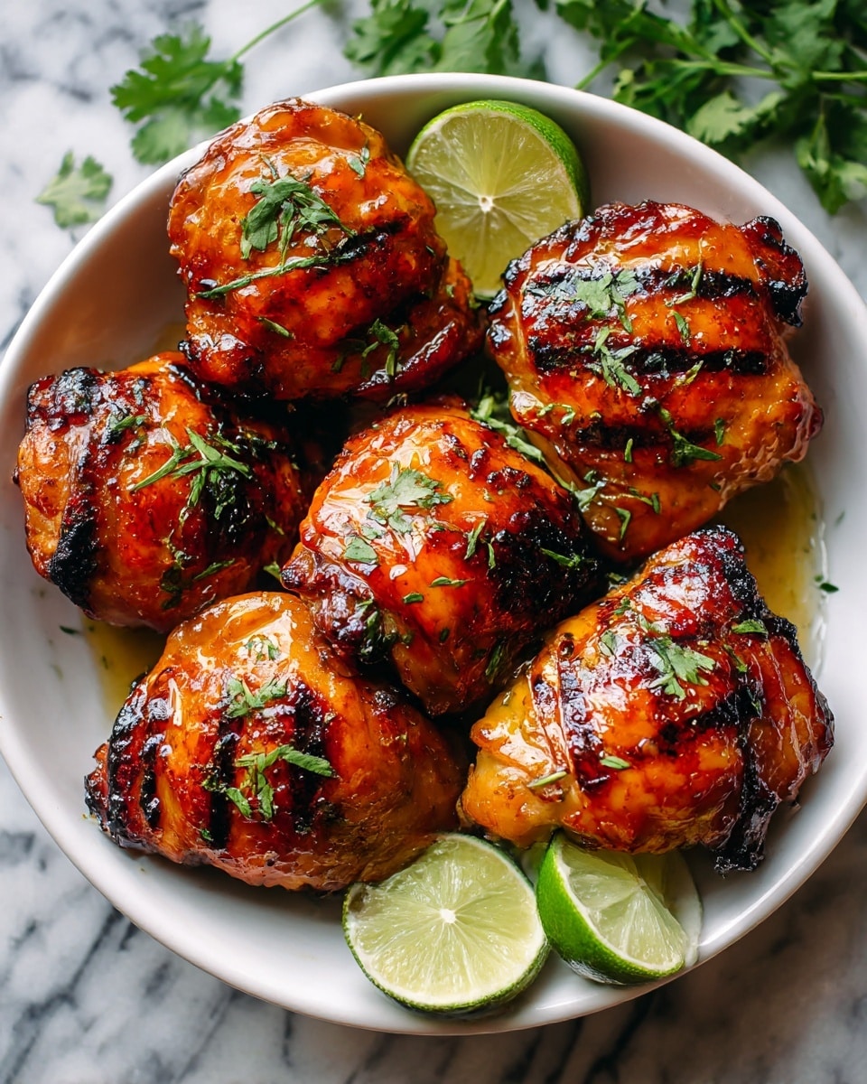 A white plate sits on a white marbled surface, holding a base layer of fluffy white rice scattered with green herbs. On top are six grilled orange chicken pieces with dark char lines, showing a glossy, slightly sticky texture. Two bright yellow lemon slices rest at the back top of the plate, adding a fresh contrast. Small green cilantro leaves are sprinkled on the chicken and rice, adding more color and texture to the dish. Photo taken with an iphone --ar 4:5 --v 7