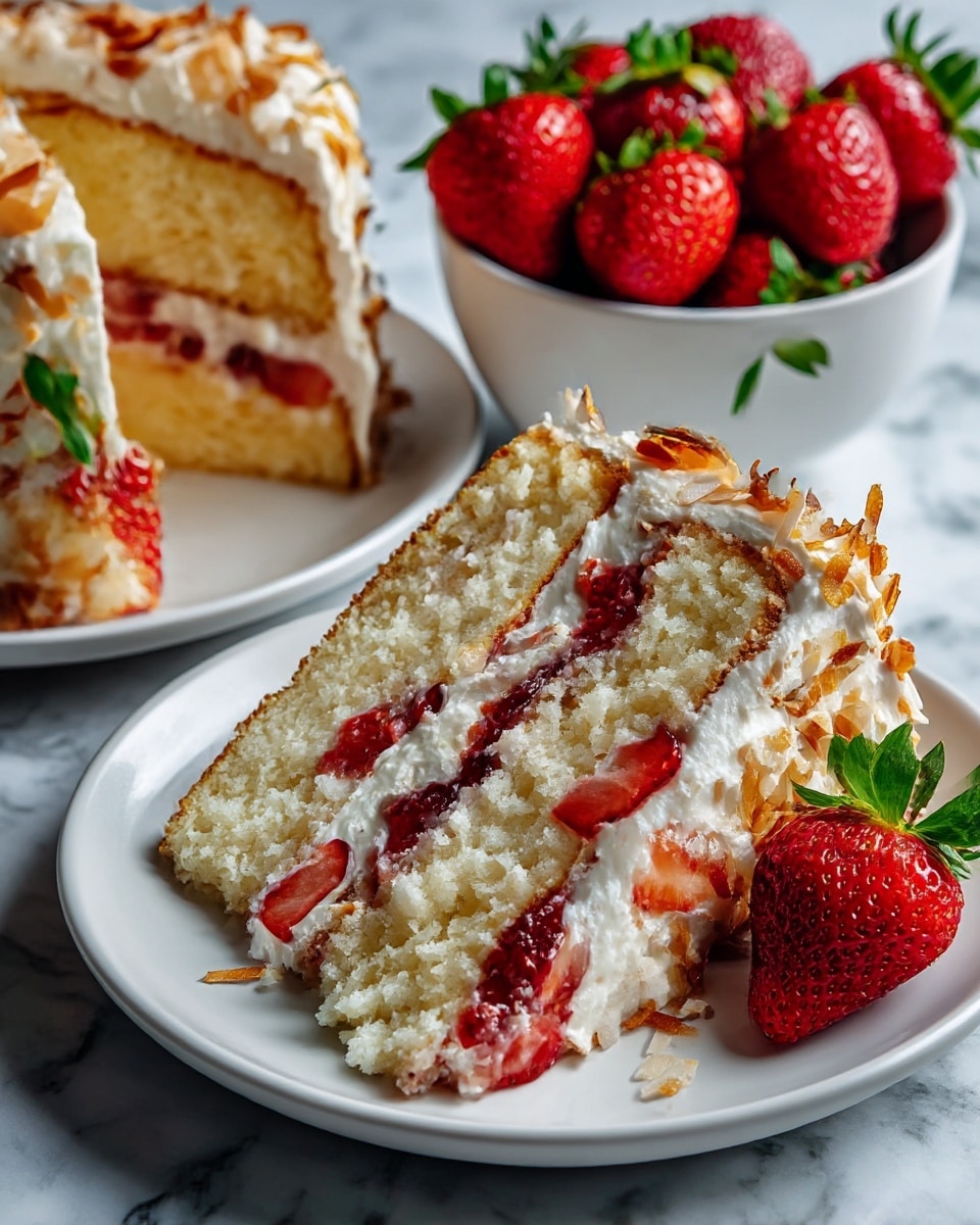 A slice of three-layer white cake with a light, fluffy texture sits on a white plate. Each cake layer is separated by cream and bright red strawberry pieces inside, adding vivid color and fresh texture. The outside layer of the cake is covered with white cream and toasted light brown coconut flakes. Nearby, a white bowl is full of whole red strawberries with green leaves, placed on a white marbled surface. Photo taken with an iphone --ar 4:5 --v 7