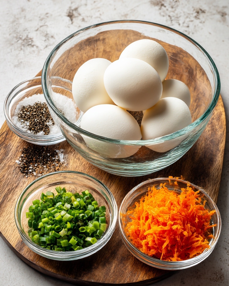 A clear glass bowl filled with five white eggs sits center on a wooden board with a white marbled texture background. Surrounding it are four smaller clear glass bowls: one with coarse white salt on the top left, one holding ground black pepper below the salt, another filled with bright green chopped green onions at the bottom left, and the last containing a small pile of shredded bright orange carrot on the bottom right. Photo taken with an iphone --ar 4:5 --v 7