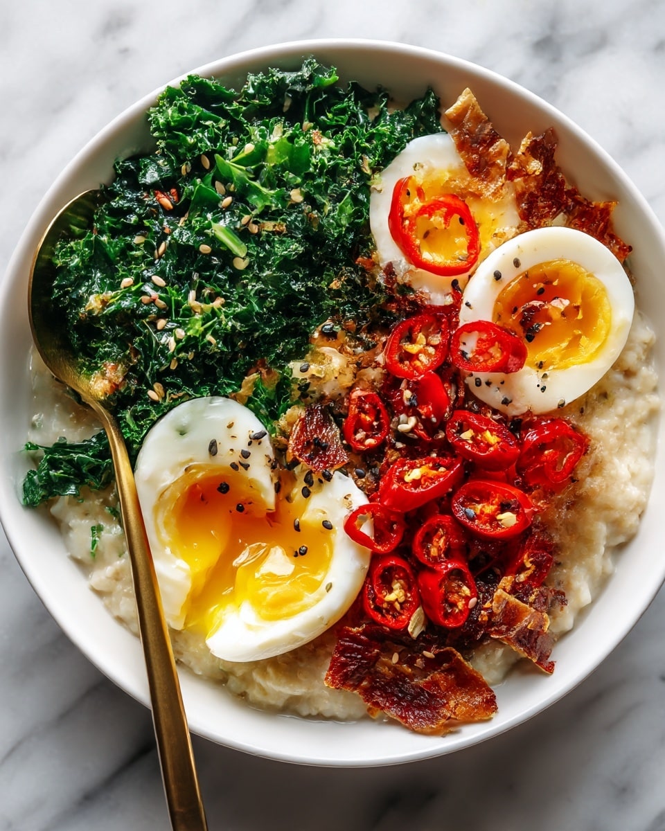 A white bowl filled with creamy oatmeal base, topped with three main layers: finely chopped dark green kale on one side, bright orange sliced chili peppers laid over the kale, and a soft boiled egg with a shiny yellow yolk slightly broken open near the center. There are brown crispy bits and black sesame seeds sprinkled over the oatmeal, adding texture and color. A shiny gold spoon rests inside the bowl on the left side. The bowl sits on a white marbled surface, with soft natural light highlighting the colors and textures. photo taken with an iphone --ar 4:5 --v 7