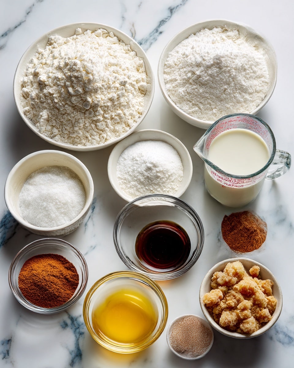 A set of nine small white bowls and a glass measuring cup arranged on a white marbled surface, each filled with different baking ingredients: a large mound of white all-purpose flour in the top left bowl, a large pile of white granulated sugar in the top right bowl, a small bowl of white baking powder in the center, a small bowl of white salt below the flour, a glass bowl of yellow melted butter in the center bottom, a small bowl of dark brown vanilla extract to the left, a small bowl of reddish-brown ground cinnamon next to it, a small bowl of chunky light brown sugar to the right, and a clear glass measuring cup filled with white milk in the top right corner photo taken with an iphone --ar 4:5 --v 7