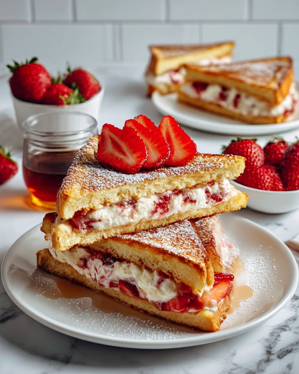 The image shows two triangular sandwich halves stacked on a white plate, each sandwich made of golden-brown toasted bread with a creamy white filling that has small pieces of red strawberries inside. On top of the upper sandwich, there is a small fan of fresh strawberry slices, and the sandwiches are lightly dusted with powdered sugar. In the background, the same type of sandwich is partially visible on another white plate along with a glass syrup container and a small white bowl filled with whole strawberries. The whole setup is on a white marbled surface with a softly lit, clean white tiled wall in the background. photo taken with an iphone --ar 4:5 --v 7