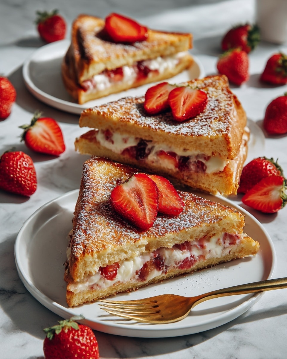 Two triangular toasted sandwiches are stacked on a white plate, showing a creamy white layer mixed with small red pieces inside. The top sandwich is dusted with white powdered sugar and decorated with three thin slices of bright red strawberries arranged in a fan shape. A gold fork lies on the left edge of the plate. In the background, there is a small white bowl filled with sliced red strawberries and a blurred glass container. The scene is set on a white marbled surface. photo taken with an iphone --ar 4:5 --v 7