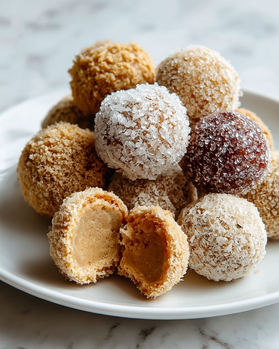 A white plate filled with round, ball-shaped treats, mostly coated in a fine, light brown crumb layer with a rough texture. Two of the balls are covered in a sparkling layer of white sugar crystals, which look shiny and coarse. One ball is partially eaten, showing a soft, smooth, dense inner layer that is light brown, contrasting the crumbly outer coating. The plate is on a white marbled surface. Photo taken with an iphone --ar 4:5 --v 7