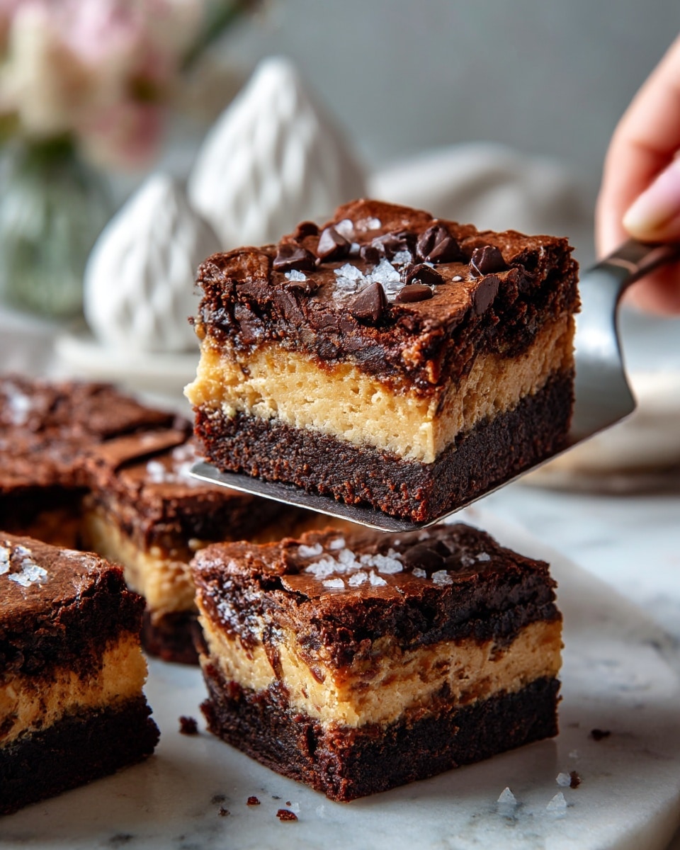 A stack of three thick, rich chocolate brownies sits on a white marbled surface. Each brownie has a dark brown, slightly crumbly texture with a dense, moist interior. Swirls of golden peanut butter are mixed on the top and inside the brownies, creating a contrasting smooth and creamy layer that looks slightly melted. The edges of the brownies appear a bit crisp while the middle remains soft and fudgy. The stack is slightly leaning, showing off the layers and the luscious mix of chocolate and peanut butter clearly. photo taken with an iphone --ar 4:5 --v 7