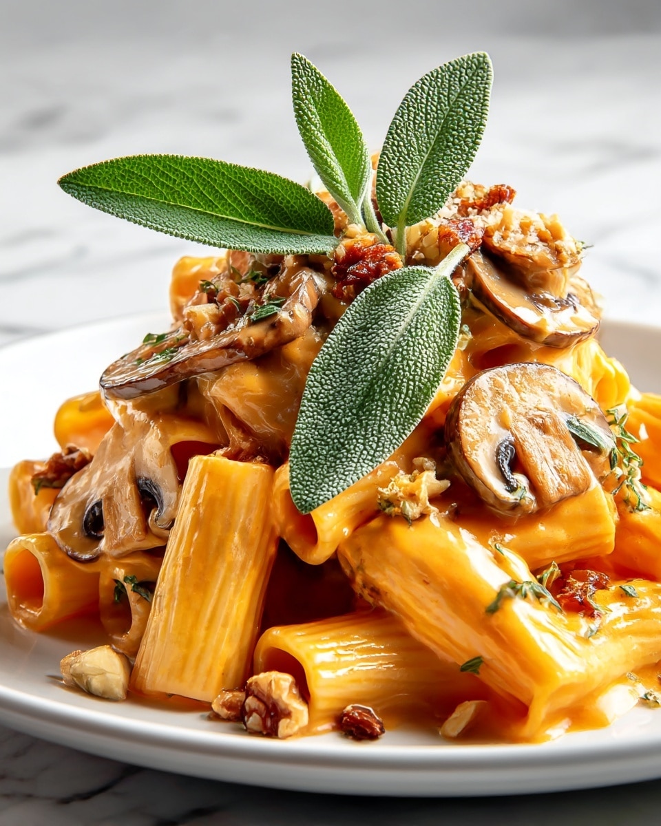 A white plate holds a serving of rigatoni pasta coated in a thick, creamy orange sauce with specks of black pepper. On top, there are several slices of cooked mushrooms showing brown and beige colors, mixed with pieces of light brown walnuts. Three fresh green sage leaves with detailed textures sit neatly on the center, adding a touch of color contrast. The plate rests on a white marbled surface with soft shadows. Photo taken with an iphone --ar 4:5 --v 7