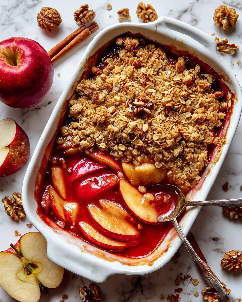 A white ceramic baking dish filled with a two-layer dessert, where the bottom layer shows sliced red-peeled apples cooked soft with a glossy syrup pooling on one side, and the top layer is a rough, chunky oat crumble with a golden-brown color and small walnut pieces scattered throughout. A spoon is partially digging into the dessert on the right side, mixing some crumble and apples, with some apple slices and syrup visible under the crumble. The dish is placed on a white marbled surface with scattered walnuts, cinnamon sticks, and a red apple nearby, suggesting warm, cozy flavors. Photo taken with an iphone --ar 4:5 --v 7