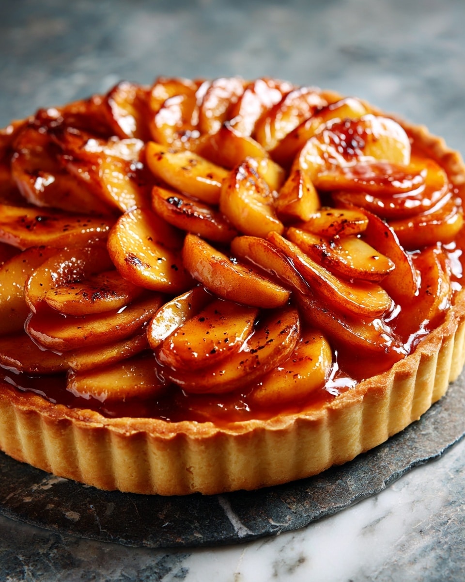 A round upside-down apple tart with a single layer of glossy, caramelized apple slices arranged in overlapping circular patterns, showing warm golden brown and amber tones. The apples have a shiny texture and sit on a slightly visible crust layer beneath that has a light golden edge. The tart is placed on a black slate serving board, which rests on a wooden surface. photo taken with an iphone --ar 4:5 --v 7