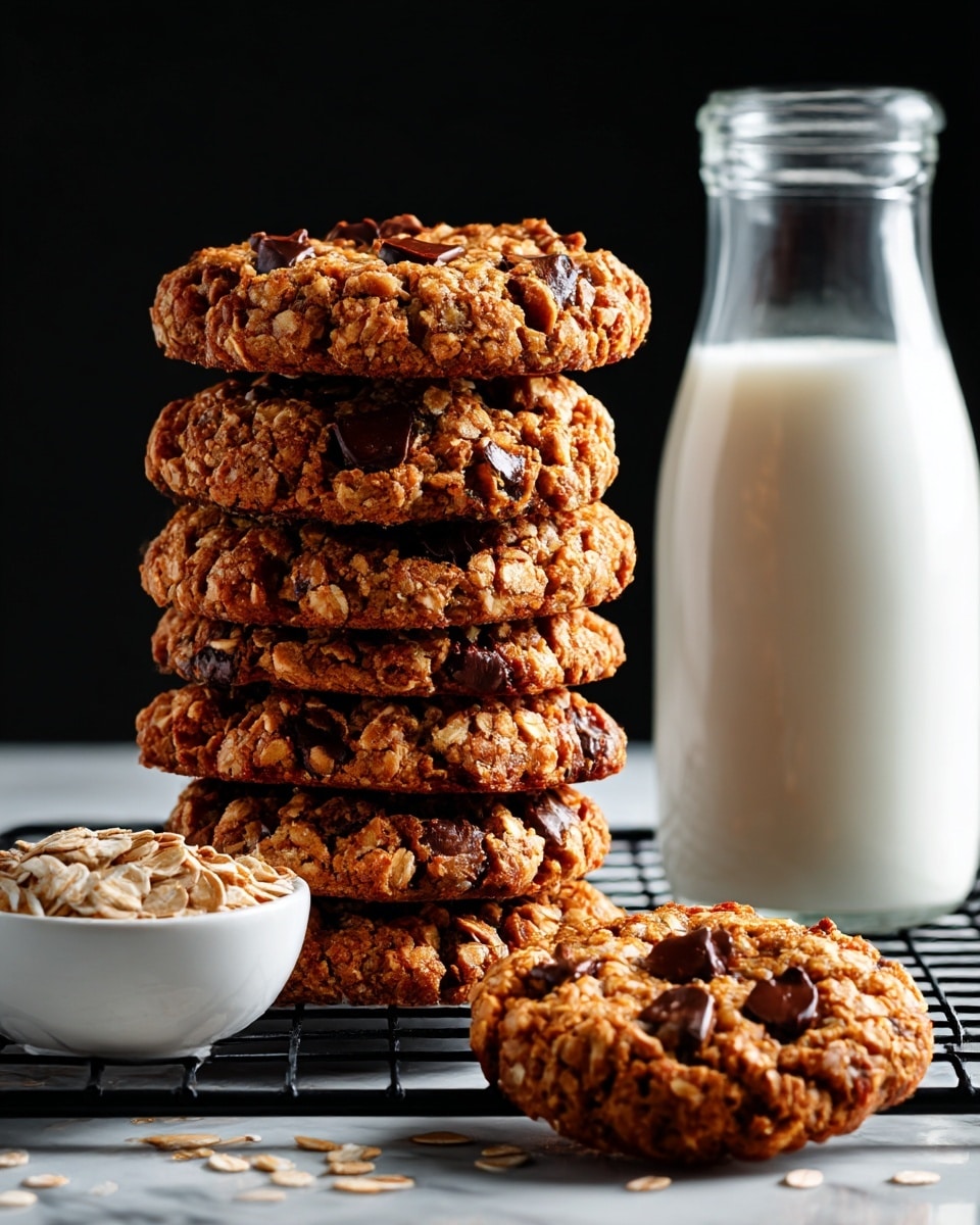 The image shows a stack of five thick, golden-brown oatmeal cookies with dark chocolate chips visibly embedded in each cookie. The cookies have a rough, textured surface from the oats and chocolate bits. They are stacked neatly on a black cooling rack, placed on a white marbled surface. To the right side of the stack is a tall clear glass bottle filled with milk. In the bottom right corner, there is one cookie lying flat on the surface, showing similar texture and chocolate chips. To the left of the stack is a small white bowl filled with oats, with a few loose oats scattered on the surface nearby. The background is solid black, making the warm color of the cookies stand out. photo taken with an iphone --ar 4:5 --v 7