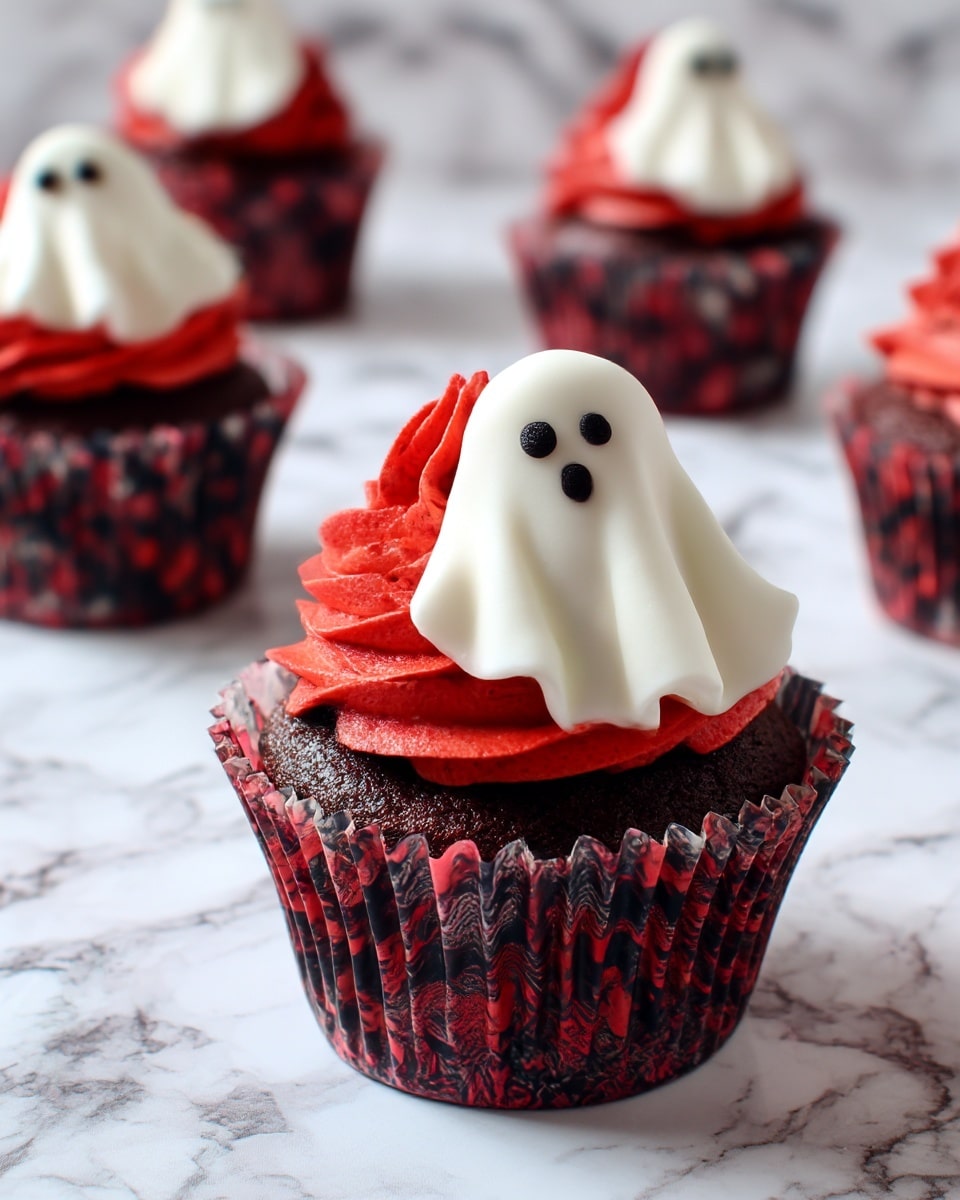 The image shows several chocolate cupcakes placed on a wooden surface with a white marbled background. Each cupcake has three layers: the bottom is a dark brown chocolate cake in a white paper liner, the middle is swirled rich chocolate frosting with a smooth, creamy texture, and the top is a ghost-shaped decoration made from a white fondant sheet, draped to look like a ghost with two small black eyes drawn on the front. The cupcakes are arranged with some closer to the front and others blurred slightly in the background, creating depth. Photo taken with an iphone --ar 4:5 --v 7